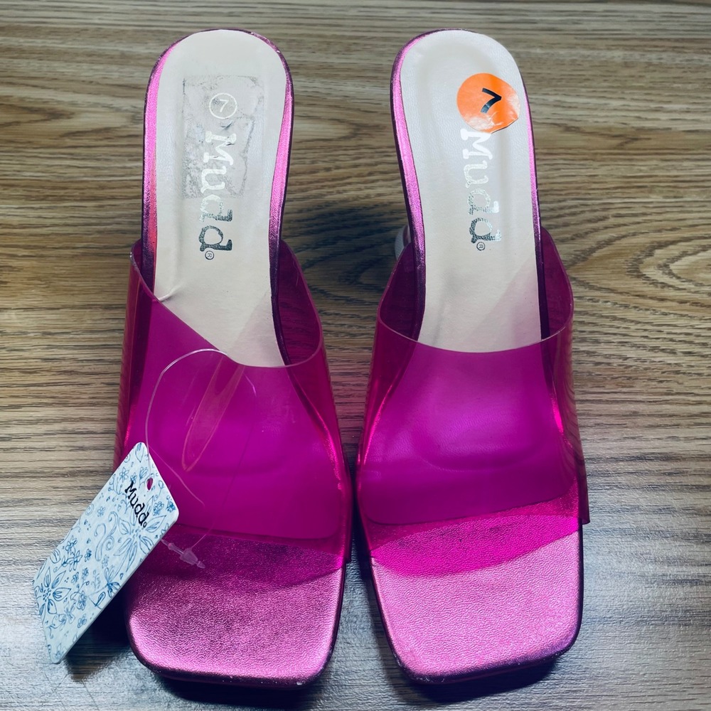 Mudd Women Slide Sandals Metallic Pink PVC Size 7 Y2K Clear Heel GAIL-06L